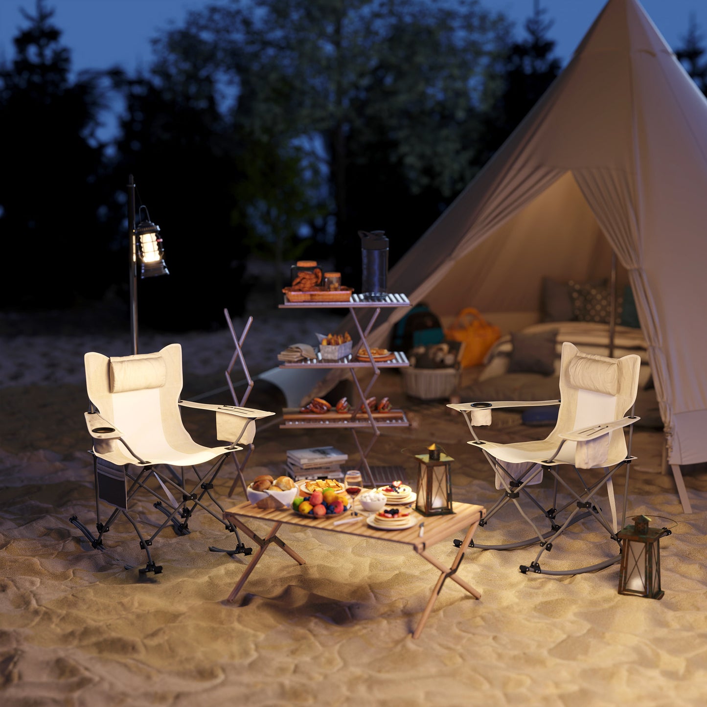 Folding Rocking Camping Chairs, Portable Chairs With Headrest, Cooler Bag, Cup Holder, Carry Bag, 2 Pack, Cream