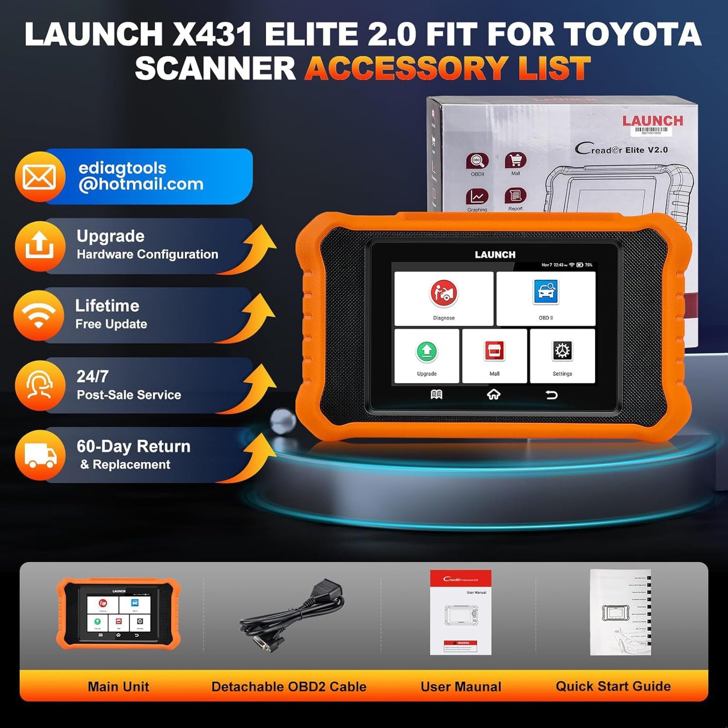 LAUNCH Creader Elite V2.0 fit for Toyota Lexus Bi-Directional Scan Tool, Full System OBD2 Scanner, All Reset Service Code Reader, AUTOVIN, ECU Code, Battery Registration, Lifetime Free Update