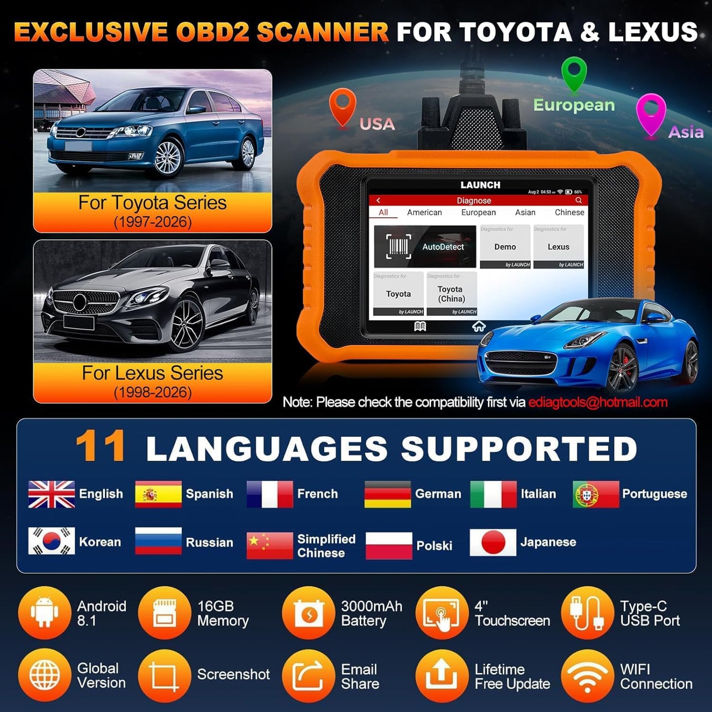 LAUNCH Creader Elite V2.0 fit for Toyota Lexus Bi-Directional Scan Tool, Full System OBD2 Scanner, All Reset Service Code Reader, AUTOVIN, ECU Code, Battery Registration, Lifetime Free Update